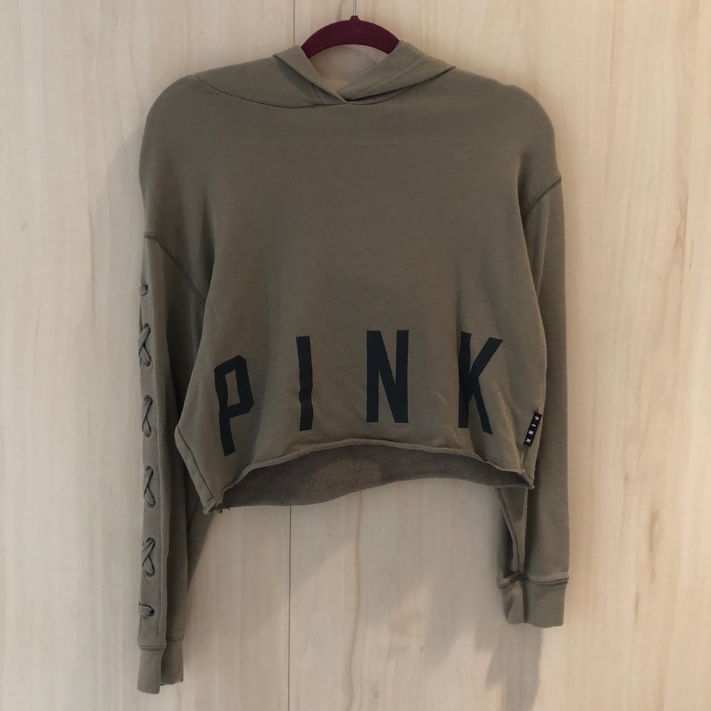 VS PINK Olive Green Lace up Sleeve Cropped Hoodie